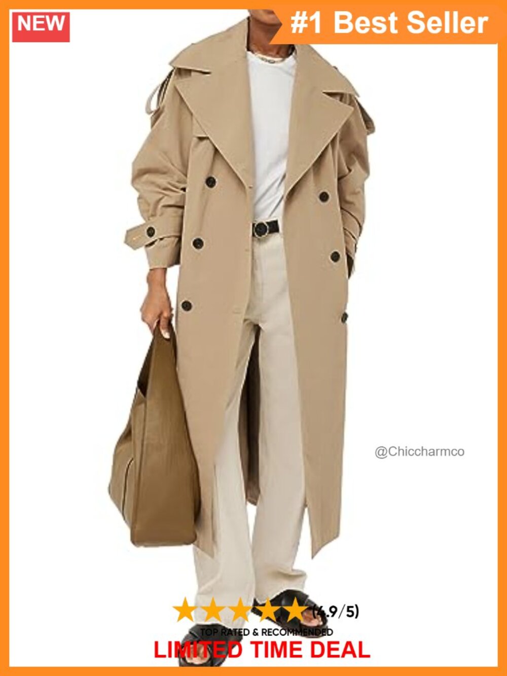 Oversized Long Trench Coat Double Breasted Belted Windproof